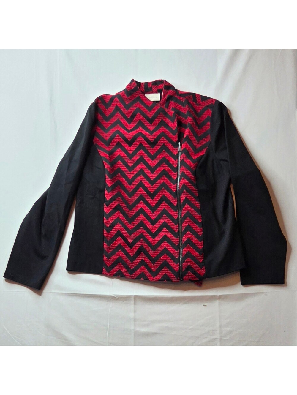 Chico's Red Black Chevron Jacquard Moto Jacket Zip Sz 2 M
